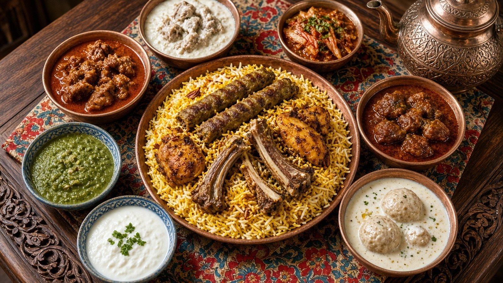 Kashmiri wazwan spread on a copper trami with rice, kebabs, ribs, mirchi korma, rogan josh and gushtaba