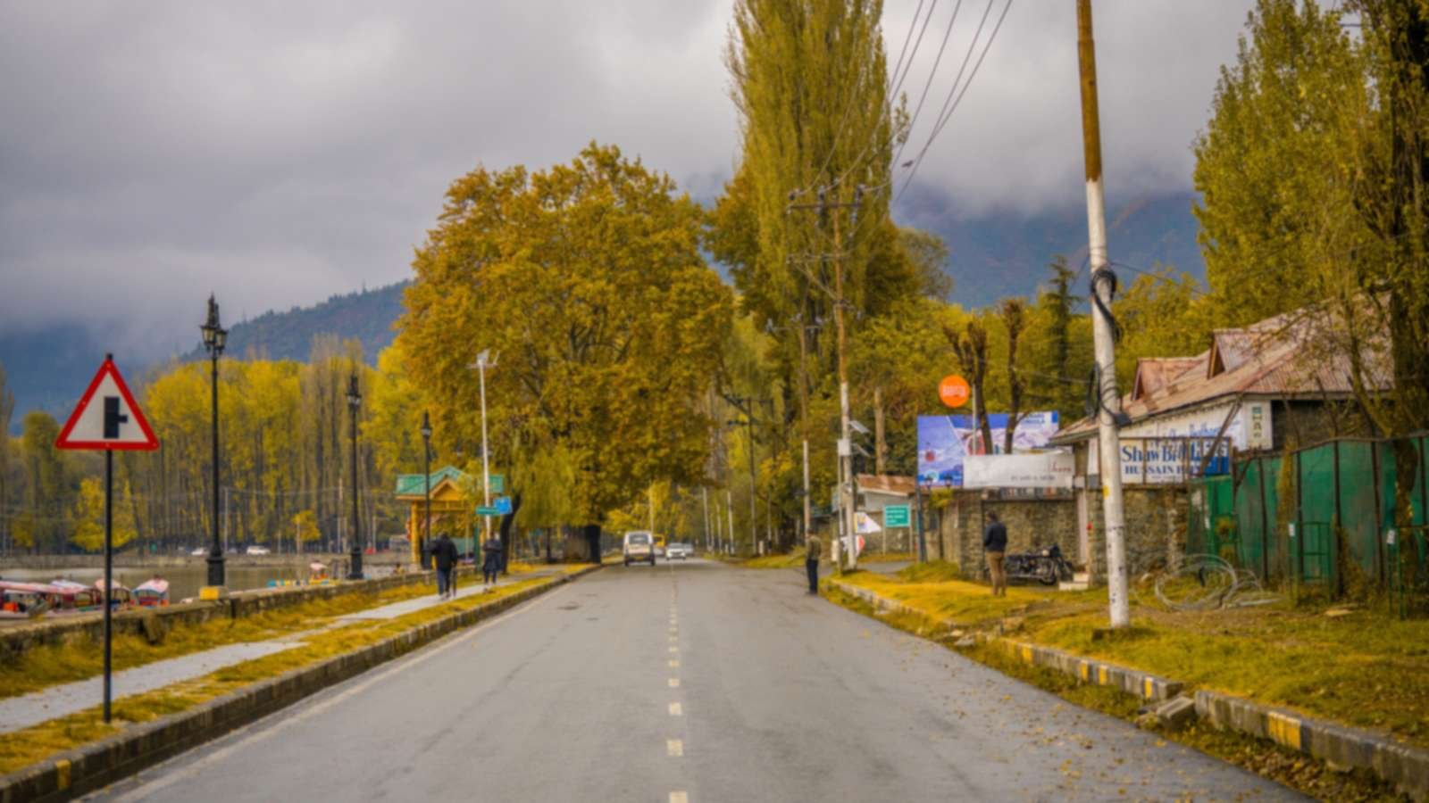 A lakeside road in Srinagar in autumn, with yellow trees, parked shikaras and grey clouds over the hills