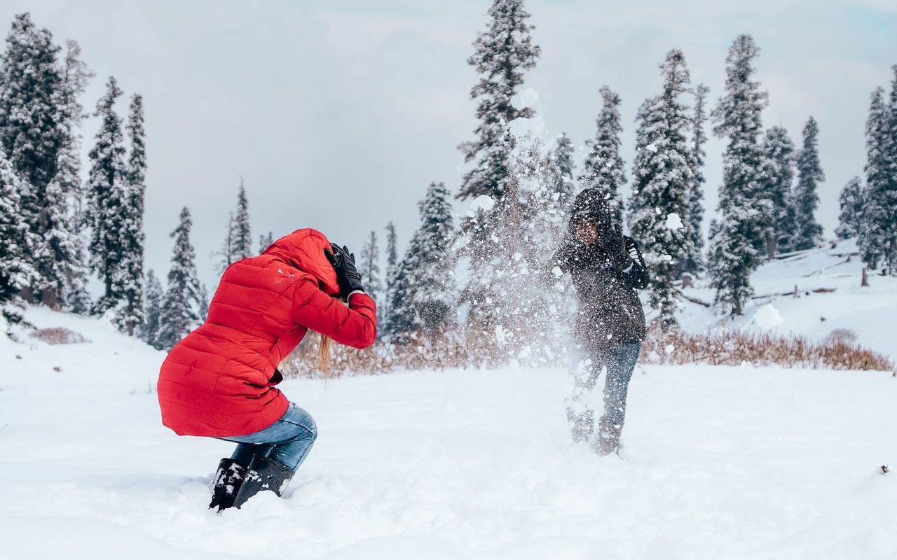 Two travellers in red and black jackets throwing snow at each other in a pine meadow in Kashmir